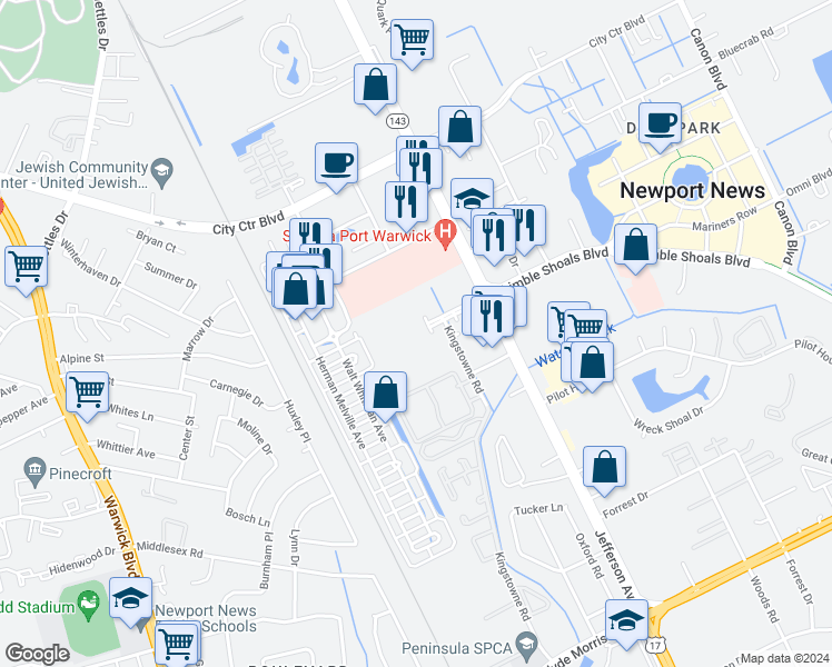 map of restaurants, bars, coffee shops, grocery stores, and more near 515 Waters Edge Drive in Newport News