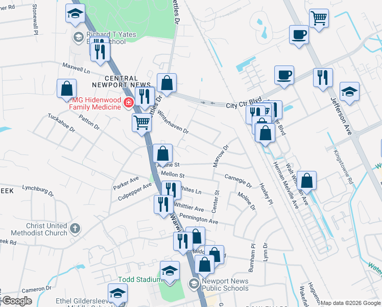 map of restaurants, bars, coffee shops, grocery stores, and more near 413 Turlington Road in Newport News