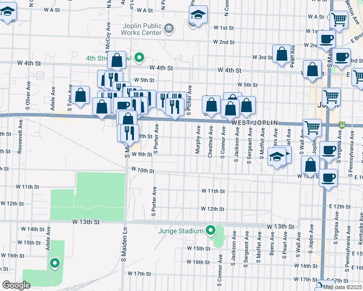 map of restaurants, bars, coffee shops, grocery stores, and more near 801 Empire Ave in Joplin