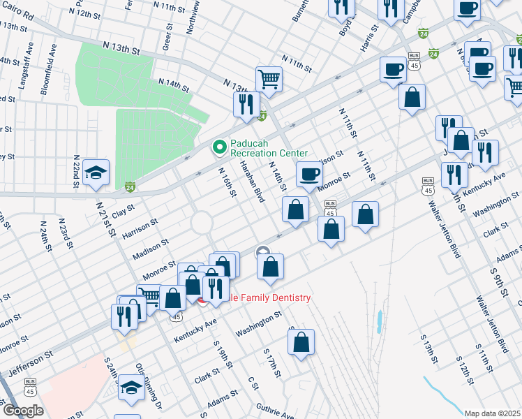 map of restaurants, bars, coffee shops, grocery stores, and more near 307 Harahan Boulevard in Paducah