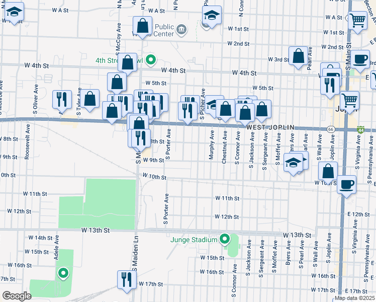 map of restaurants, bars, coffee shops, grocery stores, and more near 801 Empire Ave in Joplin