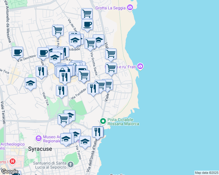 map of restaurants, bars, coffee shops, grocery stores, and more near 65 Via Diodoro Siculo in Siracusa