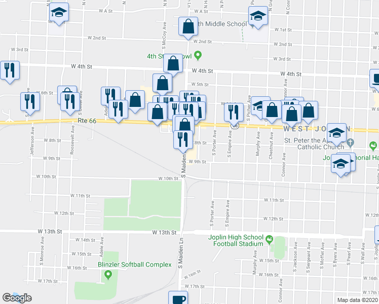 map of restaurants, bars, coffee shops, grocery stores, and more near 1520 West 8th Street in Joplin