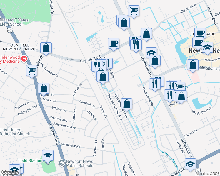 map of restaurants, bars, coffee shops, grocery stores, and more near 1100 William Styron Square South in Newport News