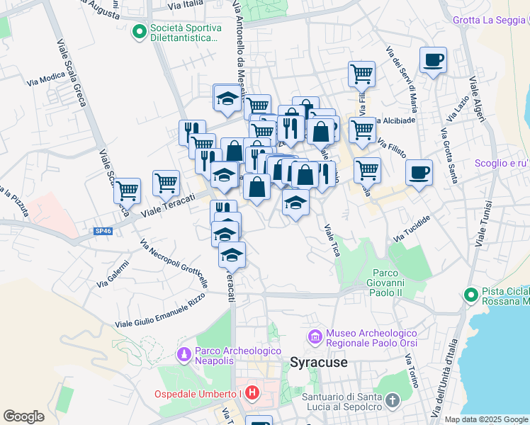 map of restaurants, bars, coffee shops, grocery stores, and more near 161 Viale Tica in Siracusa