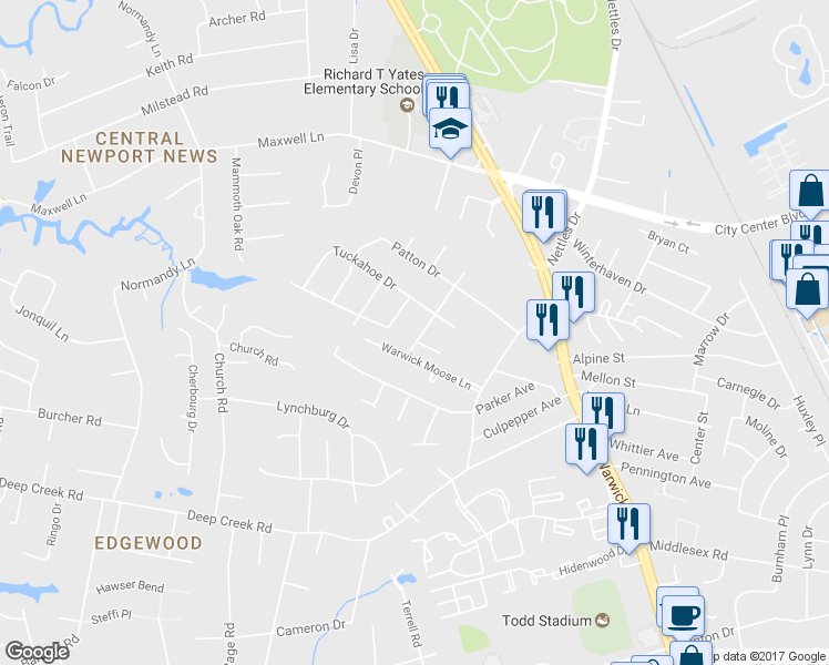 map of restaurants, bars, coffee shops, grocery stores, and more near 112 Kingsbury Drive in Newport News