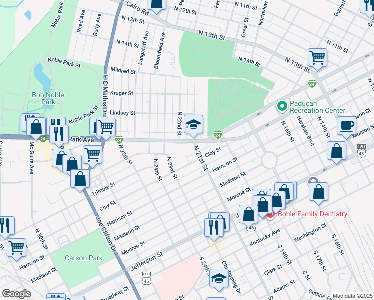 map of restaurants, bars, coffee shops, grocery stores, and more near 2100 Park Avenue in Paducah