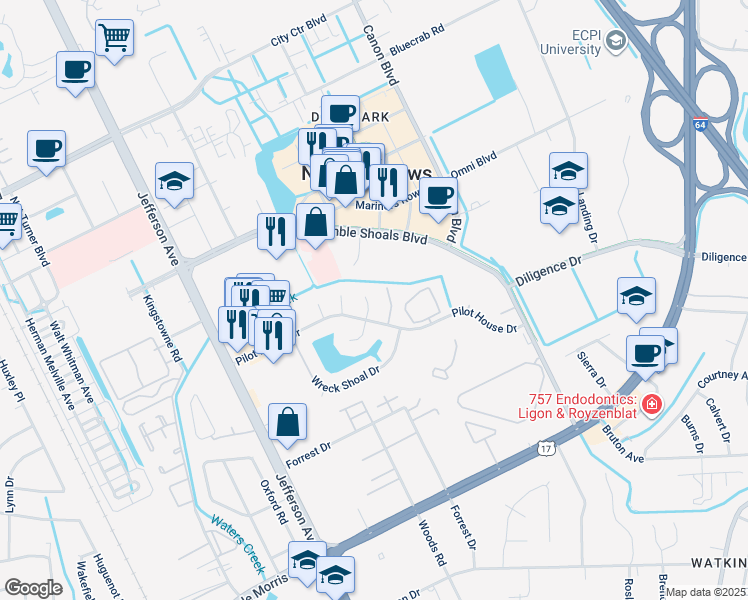 map of restaurants, bars, coffee shops, grocery stores, and more near 9 Deep Water Cove in Newport News