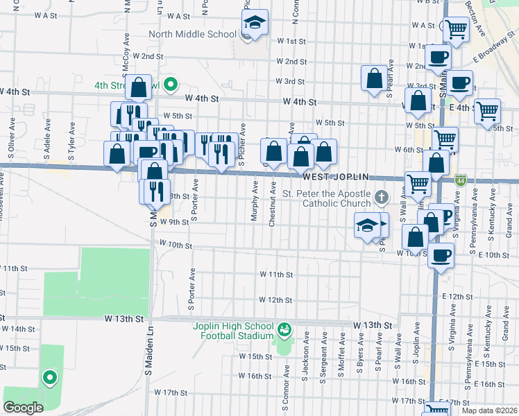 map of restaurants, bars, coffee shops, grocery stores, and more near 1012 West 8th Street in Joplin