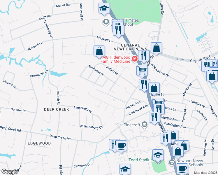map of restaurants, bars, coffee shops, grocery stores, and more near 112 Kingsbury Drive in Newport News