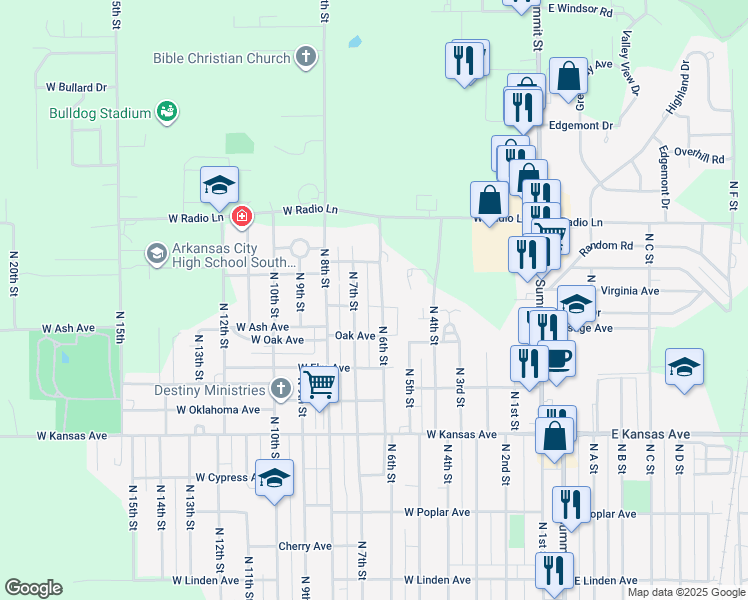 map of restaurants, bars, coffee shops, grocery stores, and more near 1803 North 6th Street in Arkansas City