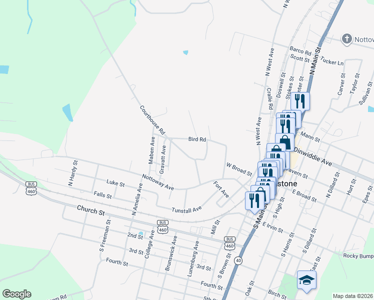 map of restaurants, bars, coffee shops, grocery stores, and more near 207 Bird Road in Blackstone