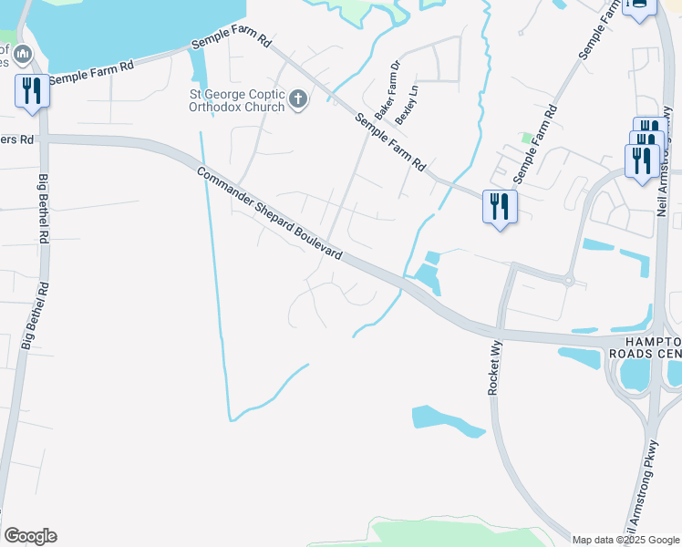 map of restaurants, bars, coffee shops, grocery stores, and more near 4 Dornock Court in Hampton