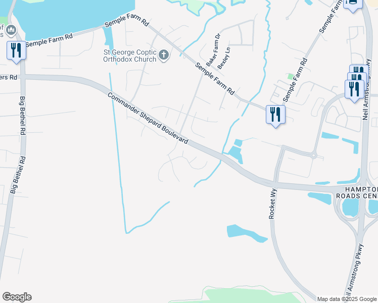 map of restaurants, bars, coffee shops, grocery stores, and more near 4 Dornock Court in Hampton