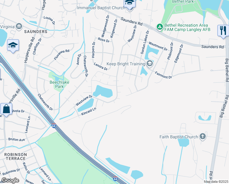 map of restaurants, bars, coffee shops, grocery stores, and more near 108 Westview Drive in Hampton