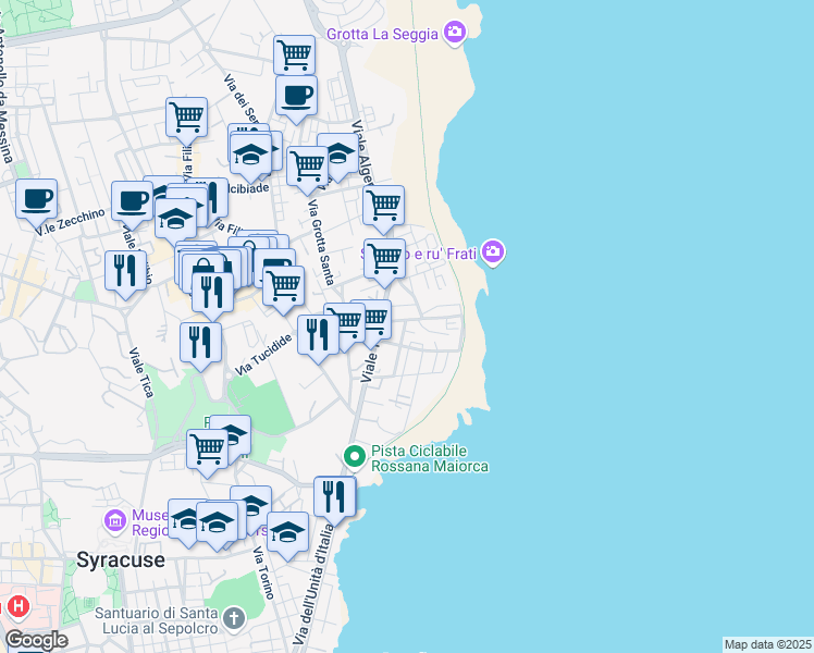 map of restaurants, bars, coffee shops, grocery stores, and more near 48 Via Dalmazia in Siracusa