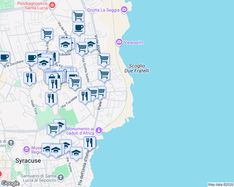 map of restaurants, bars, coffee shops, grocery stores, and more near 48 Via Dalmazia in Siracusa