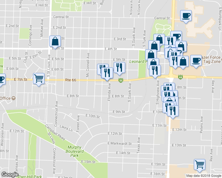map of restaurants, bars, coffee shops, grocery stores, and more near 715 South Florida Avenue in Joplin
