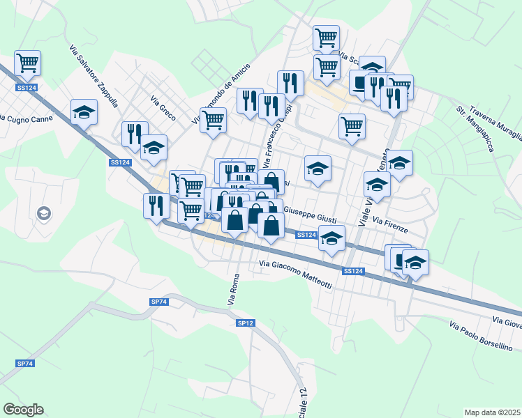 map of restaurants, bars, coffee shops, grocery stores, and more near 172 Via Giuseppe Giusti in Floridia