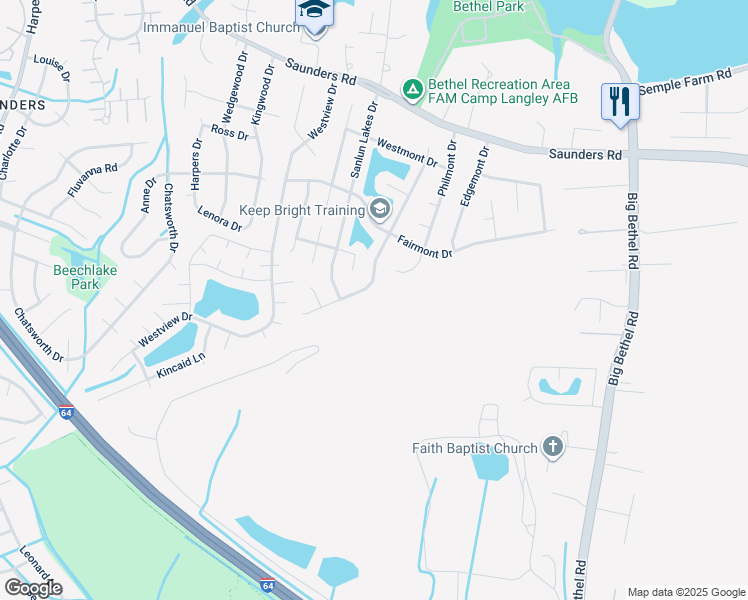 map of restaurants, bars, coffee shops, grocery stores, and more near 65 Sandy Lake Drive in Hampton