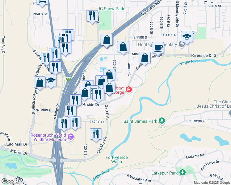 map of restaurants, bars, coffee shops, grocery stores, and more near 345 East Riverside Drive in St. George