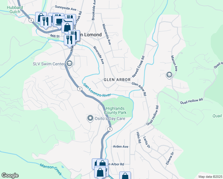 map of restaurants, bars, coffee shops, grocery stores, and more near 200a Madrone Avenue in Ben Lomond