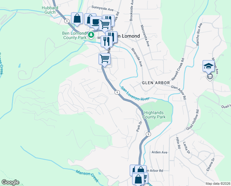 map of restaurants, bars, coffee shops, grocery stores, and more near 8855 California 9 in Ben Lomond