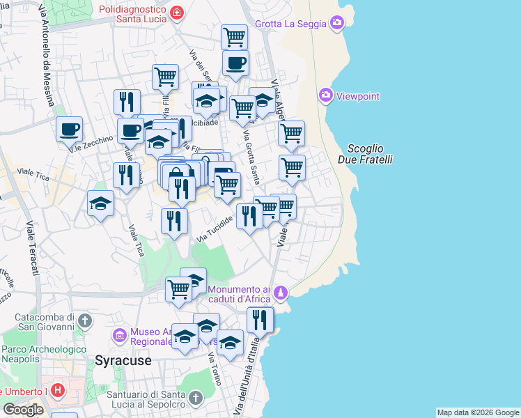 map of restaurants, bars, coffee shops, grocery stores, and more near 57 Via Grottasanta in Syracuse
