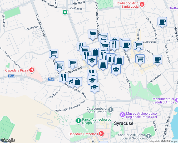 map of restaurants, bars, coffee shops, grocery stores, and more near 65 Viale Teracati in Siracusa