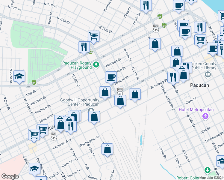map of restaurants, bars, coffee shops, grocery stores, and more near 217 North 13th Street in Paducah