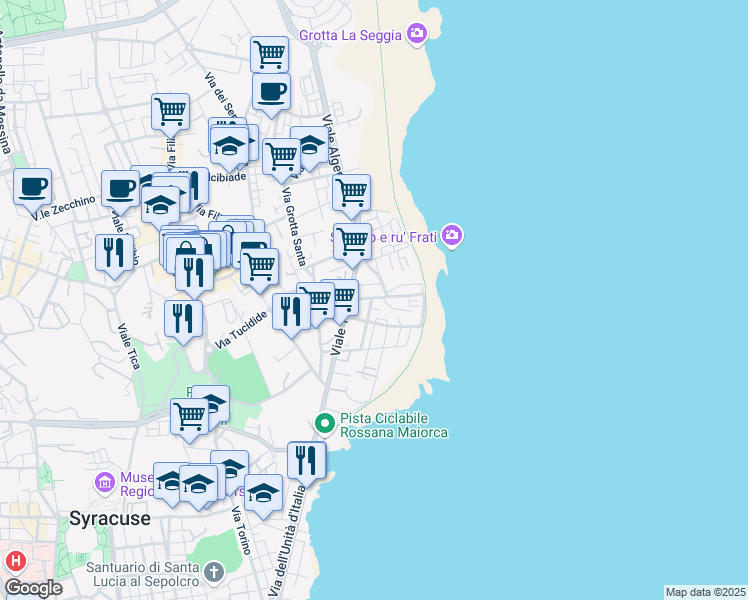 map of restaurants, bars, coffee shops, grocery stores, and more near 48 Via Dalmazia in Siracusa