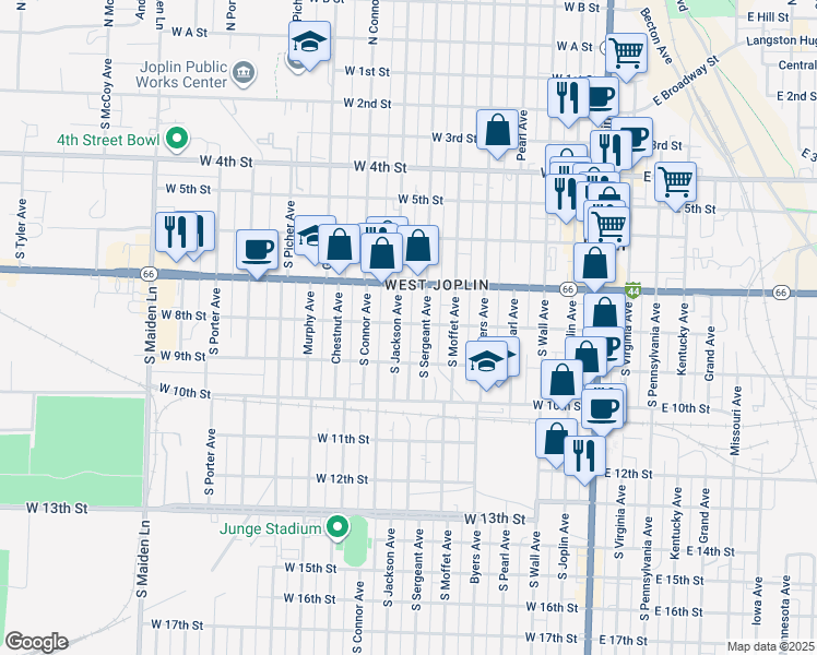 map of restaurants, bars, coffee shops, grocery stores, and more near 712 West 8th Street in Joplin