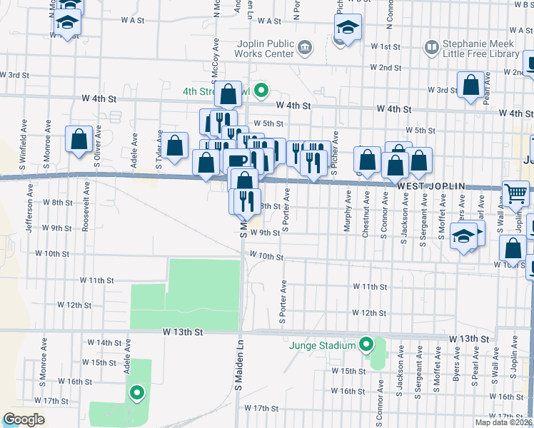 map of restaurants, bars, coffee shops, grocery stores, and more near 807 Harlem Avenue in Joplin
