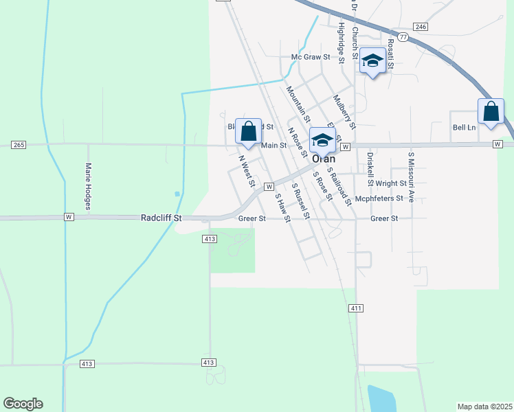 map of restaurants, bars, coffee shops, grocery stores, and more near 106 South West Street in Oran