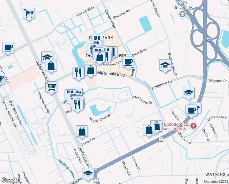 map of restaurants, bars, coffee shops, grocery stores, and more near 30 Lighthouse Way in Newport News