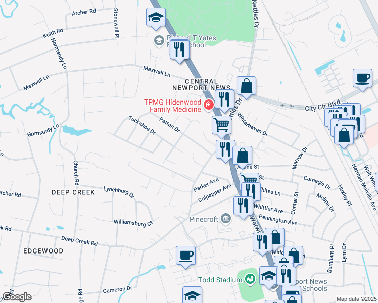 map of restaurants, bars, coffee shops, grocery stores, and more near 9 Tuckahoe Drive in Newport News