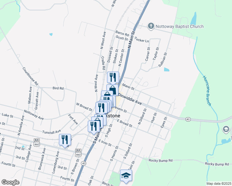 map of restaurants, bars, coffee shops, grocery stores, and more near 300 North Main Street in Blackstone
