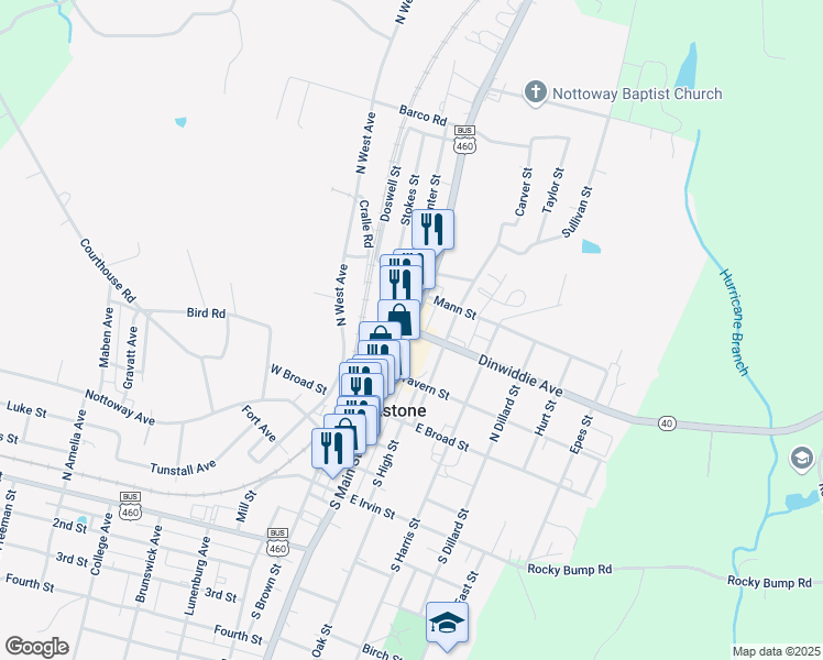 map of restaurants, bars, coffee shops, grocery stores, and more near 300 North Main Street in Blackstone