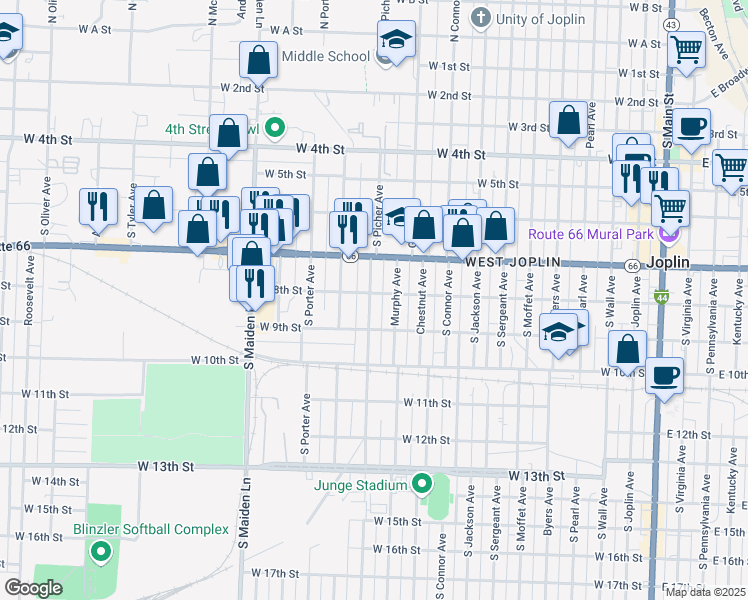 map of restaurants, bars, coffee shops, grocery stores, and more near 1110 West 8th Street in Joplin