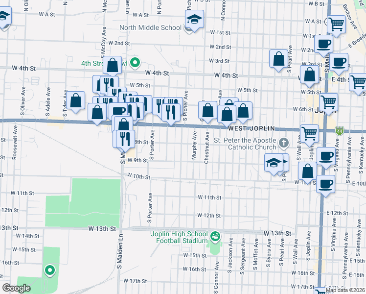 map of restaurants, bars, coffee shops, grocery stores, and more near 1110 West 8th Street in Joplin