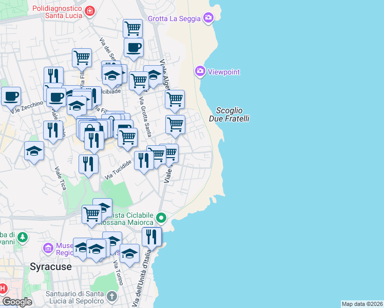 map of restaurants, bars, coffee shops, grocery stores, and more near 38 Ronco a di Via Corsica in Siracusa