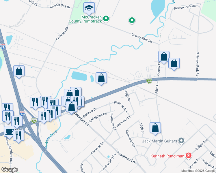 map of restaurants, bars, coffee shops, grocery stores, and more near 3633 Hinkleville Road in Paducah