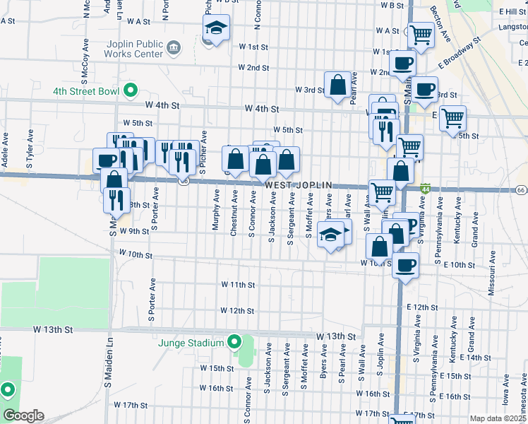 map of restaurants, bars, coffee shops, grocery stores, and more near 810 West 8th Street in Joplin