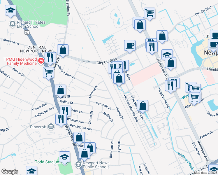 map of restaurants, bars, coffee shops, grocery stores, and more near 51 Huxley Place in Newport News