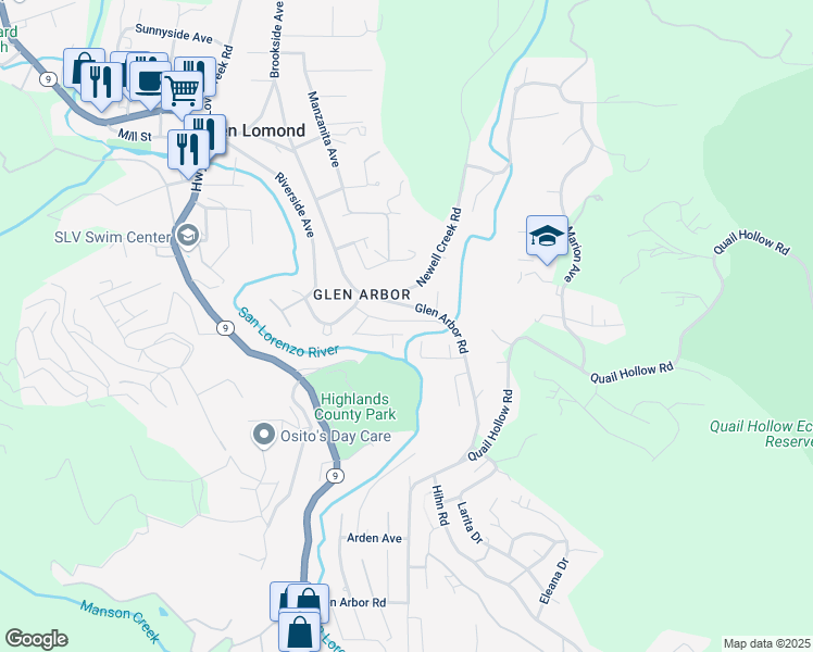 map of restaurants, bars, coffee shops, grocery stores, and more near 290 Riverside Railroad Drive in Ben Lomond