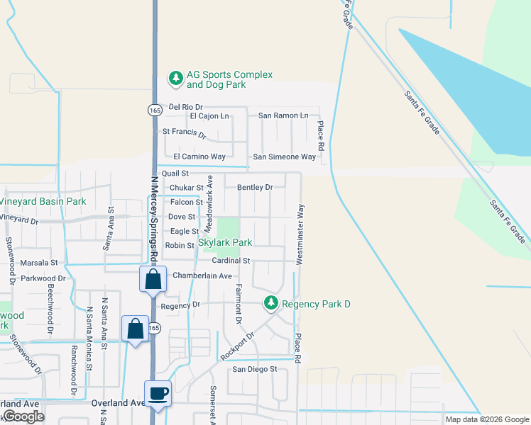 map of restaurants, bars, coffee shops, grocery stores, and more near 733 Waterford Way in Los Banos