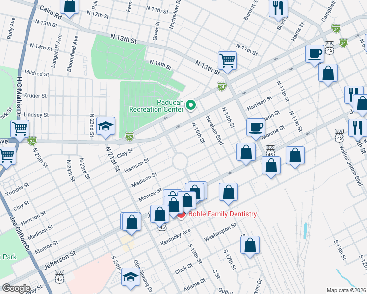 map of restaurants, bars, coffee shops, grocery stores, and more near 1630 Harrison Street in Paducah