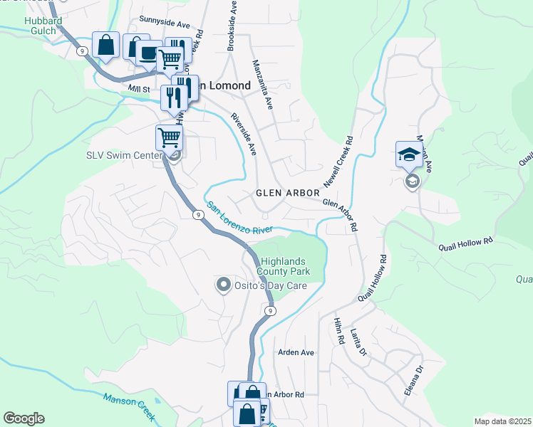 map of restaurants, bars, coffee shops, grocery stores, and more near 200a Madrone Avenue in Ben Lomond