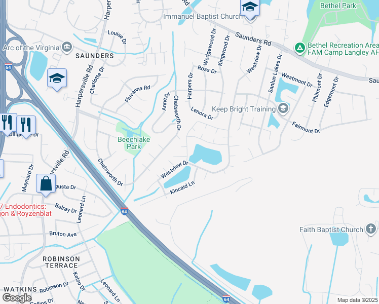 map of restaurants, bars, coffee shops, grocery stores, and more near 95 North Lake Loop in Hampton