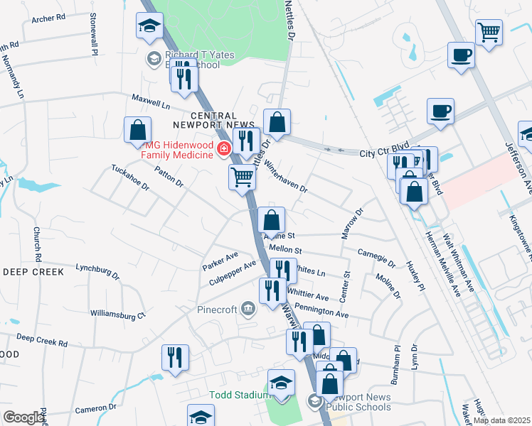 map of restaurants, bars, coffee shops, grocery stores, and more near 12596 Warwick Boulevard in Newport News